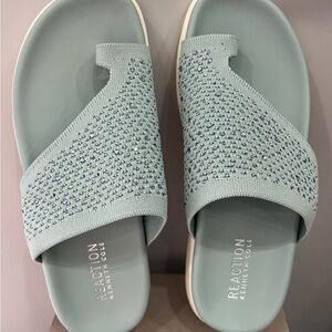 Kenneth Cole Light Blue Knit Slide Sandals with Rhinestone Detail
